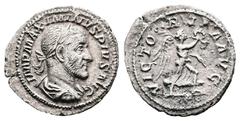 Roman Imperial Maximinus I Thrax, 235-238. AR Denarius (20.2 mm, 2.36 g.), Rome mint, circa AD 235-236. IMP MAXIMINVS PIVS AVG, laureate and draped bust of Maximinus I to right. Rev. VICTORIA AVG, Vic
