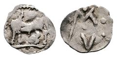 Greek Lucania. Sybaris, circa 550-510 BC. AR Hemiobol (10.7 mm, 0.33 g). Bull standing left on dotted ground line, his head turned back to right; in exergue, VM; all within border of dots. Rev. Large 