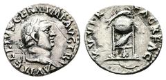Roman Imperial Vitellius, ca. late April – December AD 69. AR Denarius (18 mm, 3.08 g.). A VITELLIVS GERMAN IMP TR P, laureate head of Vitellius to right. Rev. XV VIR SACR FAC, tripod with covered ves