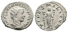 Roman Imperial Gordian III, AD 238 – 244. Silver Antoninianus (23.3 mm, 4.66 g). Rome mint, AD 243. IMP CAES M ANT GORDIANVS AVG, radiate, draped and cuirassed bust of Gordian III to right. Rev. FIDES