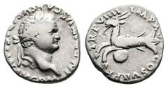 Roman Imperial Titus, AD 79. Rome. Silver Denarius (17 mm, 3.20 g.). IMP TITVS CAES VESPASIAN AVG P M, laureate head of Titus to right. Rev. TR P VIIII IMP XIIII COS VII P P, capricorn leaping left ov