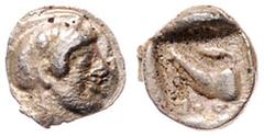 Münzen Antike Obolos / 1/12 Stater, ca. 470 v. Ch. Griechen, Artika. Silber, ältere Fälschung ?. Athen 0,48g vergl. zu BMC 96-100 vz