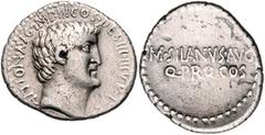 Münzen - Antike M. Antonius Römische Münzen, Römische Republik. Denarius, Sommer 32 v. Chr.. Av.: ANTON AVG IMP III COS DES III IIIV R P C, Kopf n.r. Rv.: M SILANVS AVG / Q PRO COS, Legende in zwei Ze