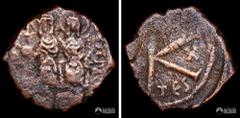 Monedas antiguas Imperio Bizantino, ceca de Tesalonica. ½ Follis (20 Nummi). 574-575. Reinado de Justino II (565-578). Anverso: "D N IVSTINVS P P AVG" (ilegible actualmente) - Justino II y Elia Sofia 