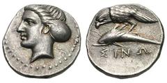 Paphlagonia. Sinope. 370-350. Drachm, 6.00g. (h). Obv: Female head facing left, hair in saccos. Dotted border. Rx: ΣΙΝΩ. Sea-eagle on dolphin, to left. In upper right field, Ε[..]. SNG London, Black S