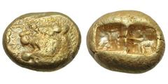 Kingdom of Lydia. Alyattes. 605-561 BC (traditional). EL Trite, 4.67g. (h). , c. 600-580 BC. Two confronted heads of lions (the left one off flan). Between them (i.e., in front of the extant one), Lyd