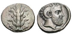 Cyrenaica, Cyrene. c. 430 BC. Tetradrachm, 12.73g. (h). Obv: Κ-Υ/Α-Ρ/Α-Ν [sic!] Silphium plant. Rx: Head of Zeus Ammon facing right within circular incuse. BMC pl. 9, 3 (same dies). Boston 1315 (same 