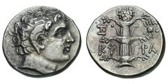 Cyrenaica, Cyrene. 308-277 BC. Didrachm, 7.64g. (h). Cyrenaica, Cyrene, c. 300/290 BC. Obv: Head of Apollo Carneios facing to right. Rx: ΚΥ-ΡΑ Silphium plant. In left field, monogram. To right, crab. 