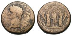 Claudius I with Antonia, Britannicus, and Octavia, struck under Agrippa II, Pre-Royal. AE 21, 12.48g. (h). Trachonitis, Caesarea Panias, c. late 40s AD. Obv: [TI CLAVDIVS CA]ESAR AVG P M TR P IMP P P 