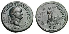 Vespasian. 69-79 AD. Sestertius, 26.13g. (h). Rome, 71 AD. Obv: IMP CAES VESPAS AVG P M TR P P P COS III Head laureate right. Rx: PAX - AVGVSTI around, S C in exergue, Pax standing right, holding bran