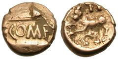 Celtic Britain. Atrebates and Regini. Tincomarus. c. 25 BC-10 AD. 1/4 Stater, 1.14g. (h). Obv: COM F in recessed tablet. Rx: Celticized horse rearing left; above, TI. Van Arsdell 388.1. Rudd, Ancient 
