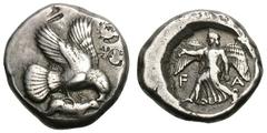 Elis. Olympia. 82nd-87th Olympiad, c. 452-432 BC. Stater, 12.39g. (h). Obv: Eagle flying right, grasping hare and tearing it with its beak. Rx: F - A in field on either side of Nike running left, hold