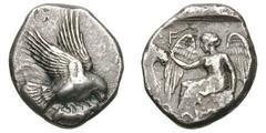 Elis. Olympus. 84th-85th Olympiad, c. 452-432 BC. Stater, 11.46g. (h). Obv: Eagle flying right with hare in its claws. Rx: Nike wearing long chiton seated left on square cippus, extending her right ar