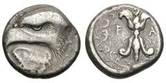 Elis. Olympia. 93rd Olympiad, c. 408 BC. Stater, 11.93g. (h). Obv: Head of eagle with piercing eye left; under its beak large ivy leaf (worn down). Rx: Thunderbolt with wings above and volutes below, 
