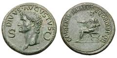 Divus Augustus and Caligula. . Dupondius, 14.78g. (h). Rome, 37-41 AD. Obv: DIVVS - AVGVSTVS S - C Radiate head of Divus Augustus left. Rx: CONSENSV SENAT ET EQ ORDIN P Q R Statue of togate, bare-head