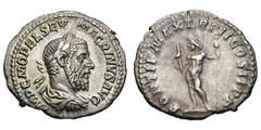 Macrinus. 217-218 AD. Denarius, 3.47g. (h). Rome, 218 AD. Obv: IMP C M OPEL SEV - MACRINVS AVG Bust laureate, draped, cuirassed right, with long beard. Rx: PONTIF MAX TR P II COS II P P Jupiter standi