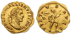 Gallienus. 253-268 AD. Reduced Aureus, 2.05g. (h). Rome, Joint Reign, 253-60 AD. Obv: IMP C P LIC GALLIENVS P F AVG bust laureate, cuirassed right, seen from front. Rx: VIRT - V - S - AVGG Mars, helme