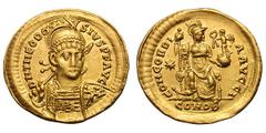 Theodosius II. 402-450 AD. Solidus, 4.46g. (h). Constantinople, 408-30 AD. Obv: D N THEODO - SIVS P F AVG Helmeted bust front holding spear over shoulder and shield. Rx: CONCORDI - A AVGG I Constantin