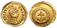 Aelia Pulcheria, Sister of Theodosius II. . Tremissis, 1.44g. (h). Constantinople. Obv: AEL PVLCH - ERIA AVG Diademed, draped bust right, seen from front. Rx: Cross within wreath, CONOB* below, RIC's 
