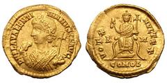Valentinian III. 425-455 AD. Solidus, 4.49g. (h). Rome, 435 AD. Obv: D N PLA VALENTI - NIANVS P F AVG Rosette-diademed bust left, almost half length, seen from front, wearing consular robes and holdin