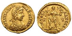 Valentinian III. 425-455 AD. Solidus, 4.37g. (h). Ravenna. Obv: D N PLA VALENTI - NIANVS P F AVG Rosette-diademend, draped, cuirassed bust right, seen from front. Rx: VICTORI - A AVGGG Emperor standin