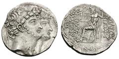 Seleucid Kingdom. Antiochus XI and Philip I. 94/93 BC. Tetradrachm, 15.38g. (h). Obv: Diademed, lightly bearded heads of Antiochus XI and Philip I jugate right. Rx: [B]AΣIΛEΩΣ ANTIOXOY in two lines on
