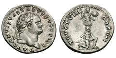 Titus. 79-81 AD. Denarius, 3.44g. (h). Rome, 79 AD. Obv: IMP T CAESAR VESPASIANVS AVG Head laureate r. Rx: TR POT VIII - COS VII Bare-chested, bearded male captive wearing trousers, cloak around shoul