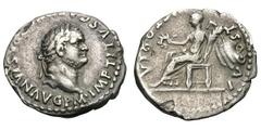 Titus. 79-81 AD. Quinarius, 1.55g. (h). Rome. Obv: IMP TITVS C[AES VES]PASIAN AVG P M Head laureate right. Rx: VICTORIA - AVGVST Victory seated left holding wreath and palm. RIC 94 (C ). BM 110. Paris