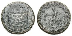 Titus. 79-81 AD. Sestertius, 20.26g. (h). Rome, 80-1 AD. Obv: Colosseum seen from front and above between obelisk on base (Meta Sudans) and porticoed building of two stories (Baths of Titus), without 