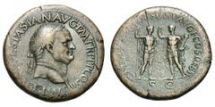 Vespasian. 69-79 AD. Sestertius, 26.92g. (h). Lugdunum, 71 AD. Obv: IM[P CAES V]ESPASIAN AVG P M TR P P P COS III Head laureate right, small globe at tip of neck (not struck up). Rx: CAESA[R AV]G F DE