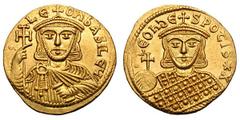 Leo V, the Armenian. 813-820 AD. Solidus, 4.47g. (h). Constantinople, 813 AD. Obv: LEOn bASILEu' Facing bust with short beard crowned and wearing chlamys holding cross potent and akakia pellet left. R
