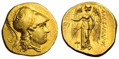 Macedonian Kingdom. Alexander III The Great. 336-323 BC. Stater, 8.52g. (h). Miletus, c. 300-295 BC. Obv: Helmeted head of Athena right. Rx: ΑΛΕΞΑΝΔΡΟΥ Nike standing left holding wreath, helmet crest 