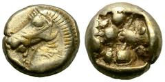 Uncertain Mint in Ionia or Lydia. c. 630 BC. EL Hecte, 2.30g. (h). Obv: Head of bridled horse left. Rx: Four-part incuse square filled with pellets in a star-like formation. Weidauer 141 = Weber Coll.
