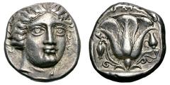 Caria. Rhodes. c. 408/7-404 BC. Tetradrachm, 15.09g. (h). Obv: Head of Helios three-quarter facing with flowing hair. Rx: ΡΟΔΙΟΝ Rose with two buds and signed ΞENO in small letters between tendril and