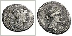 L. Valerius Acisculus. Denarius, 3.13g. (h). Rome, 45 BC. Obv: Garlanded head of Bacchus right, ACISCVLS (sic) and pickaxe behind; all within laurel wreath. Rx: Laureate and diademed head of Venus rig