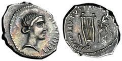 Brutus. Denarius, 3.90g. (h). Military mint in Lycia, 42 BC. Obv: Head of Liberty right, LEIBERTAS before. Rx: Plectrum, lyre and laurel branch, CAEPIO BRVTVS PRO COS around. Crawford 501/1. Sydenham 