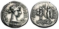 Brutus, struck by C. Flavius, legate. Denarius, 3.35g. (h). Military mint in Lycia, 42 BC. Obv: Draped bust of Apollo right; lyre before, C FLAV HEMIC LEG PRO PR around. Rx: Trophy composed of helmet,