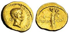 Mark Antony. Aureus, 8.05g. (h). Military mint moving with Antony in Asia, 41 BC. Obv: M ANTONIVS IMP III VIR R P C Bare head right; lituus behind. Rx: PIETAS COS across field; Pietas standing left, h