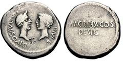 Octavian and Divus Julius Caesar. Denarius, 3.77g. (h). . , 38 BC. Obv: DIVOS IVLIVS DIVI·F Confronted heads of Julius Caesar, wreathed right, and Octavian, bare-headed left. Rx: M·AGRIPPA·COS / DESIG