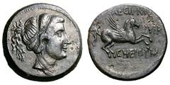 Corinth. Q. Caecilius Niger and C. Heius Pam, duovirs. As, 8.80g. (h). Corinth, 34-31 BC. Obv: Head of Aphrodite right, wearing fillet and pearl necklace. Rx: Pegasus flying right; [L•] CAECIL • NI[GR
