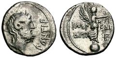 L. Pinarius Scarpus, for Octavian. Denarius, 3.61g. (h). Cyrenaica, 31 BC. Obv: Head of Jupiter Ammon right, [AVGVR] behind, PONTIF before. Rx: Victory on globe right, IMP CAE[SAR] / DIVI F in two lin