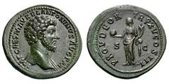 Marcus Aurelius. 161-180 AD. Sestertius, 24.56g. (h). Rome, 161 AD. Obv: IMP CAES M AVREL ANTONINVS AVG P M Bare-headed bust right, fold of cloak on front shoulder and behind neck. Rx: PROV DEOR - TR 