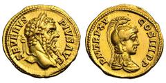 Septimius Severus. 193-211 AD. Aureus, 7.20g. (h). Rome, 207 AD. Obv: SEVERVS - PIVS AVG Head laureate right. Rx: P M TR P XV - COS III P P Draped bust of Minerva right with facial features of Caracal