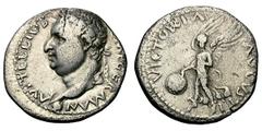 Vitellius. 69 AD. Denarius, 3.48g. (h). Tarraco, . Obv: A VITELLIVS - [I]MP GERMAN Head laureate left, truncation ending in globe, small palm branch before. Rx: VICTORIA - AVGVSTI Victory flying left 