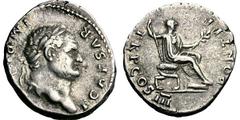 Titus as Caesar. 70-79 AD. Denarius, 3.47g. (h). Rome, 74 AD. Obv: T CAESAR - IMP V[ESP] Head laureate right. Rx: PONTIF - TR P COS III Titus seated right on curule chair, holding scepter supported on