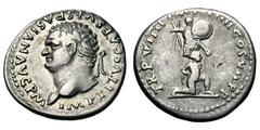Titus. 79-81 AD. Denarius, 3.45g. (h). Rome, 79 AD. Obv: IMP TITVS CAES VESPASIAN AVG P M Head laureate left. Rx: TR P VIIII IMP - XIIII COS VII P P Bare-chested male captive wearing trousers, cloak a