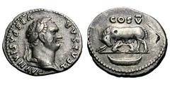 Titus. 79-81 AD. Fourree Denarius with reverse of Domitian, 3.05g. (h). . , . Obv: T CAESAR VESPASIAN AVG (counterclockwise) Head laureate right. Rx: COS V across upper field, She-wolf standing left, 