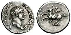 Domitian as Caesar. 70-81 AD. Denarius, 3.46g. (h). Rome, 73 AD. Obv: CAES AVG F - DOMIT COS II (clockwise) Head laureate right. Rx: No legend, Domitian, togate, without flying cloak, on horse prancin