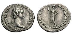 Domitian. 81-96 AD. Denarius, 3.26g. (h). Rome, 85 AD. Obv: IMP CAES DOMITIANVS AVG GERMANIC Head laureate right. Rx: P M TR POT IIII - IMP VIII COS XI P P Minerva standing left holding spear and plac