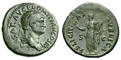 Domitian as Caesar. 70-81 AD. Dupondius, 12.57g. (h). Rome, 76-7 AD. Obv: CAESAR AVG F DOMITIAN COS IV Bust laureate, draped right. Rx: FELICIT - AS - PVBLICA S - C Felicitas standing left holding sho